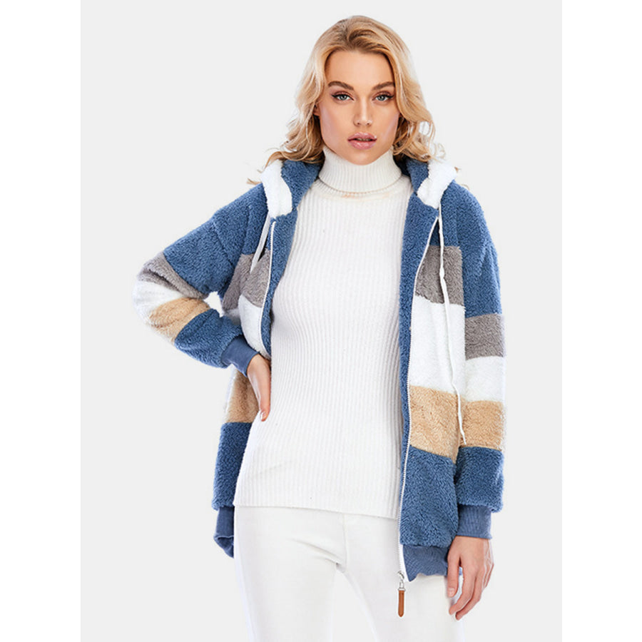Full Size Drawstring Color Block Zip Up Hooded Outerwear Dusty Blue / S Apparel and Accessories