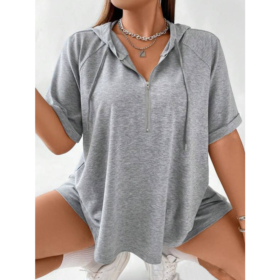 Full Size Drawstring Half Zip Hooded Top and Shorts Set Plus Size Apparel and Accessories