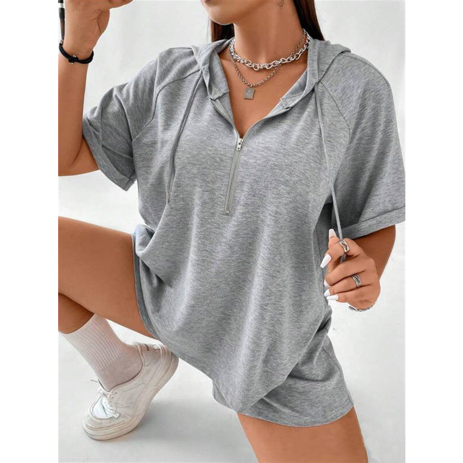 Full Size Drawstring Half Zip Hooded Top and Shorts Set Plus Size Apparel and Accessories