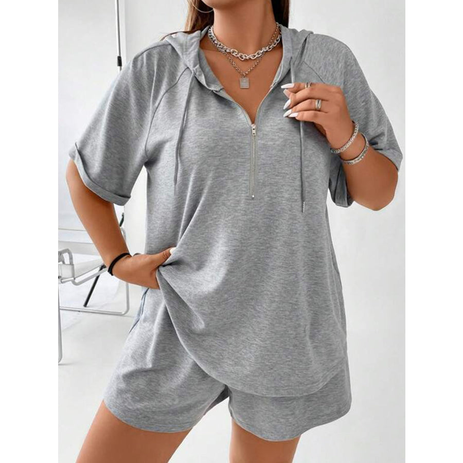 Full Size Drawstring Half Zip Hooded Top and Shorts Set Plus Size Gray / S Apparel and Accessories