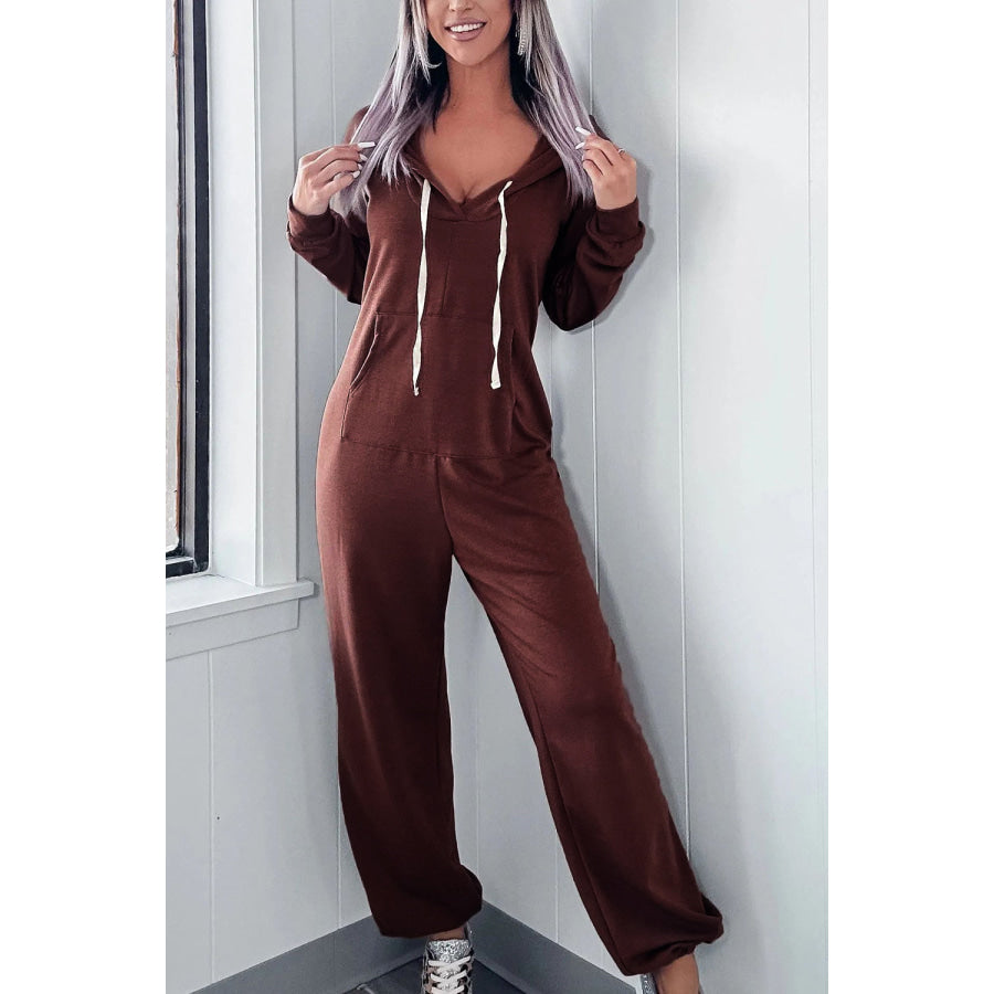 Full Size Drawstring Long Sleeve Jumpsuit Brown / S Apparel and Accessories