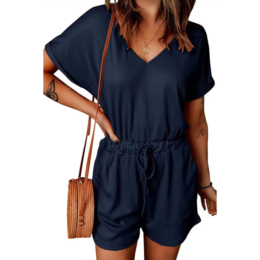 Full Size Drawstring V-Neck Short Sleeve Romper Apparel and Accessories