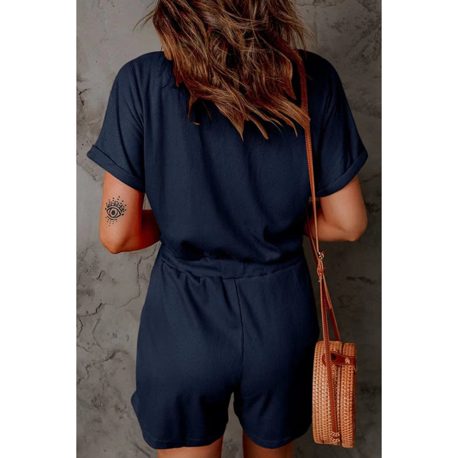 Full Size Drawstring V-Neck Short Sleeve Romper Apparel and Accessories