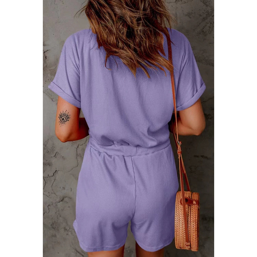 Full Size Drawstring V-Neck Short Sleeve Romper Apparel and Accessories