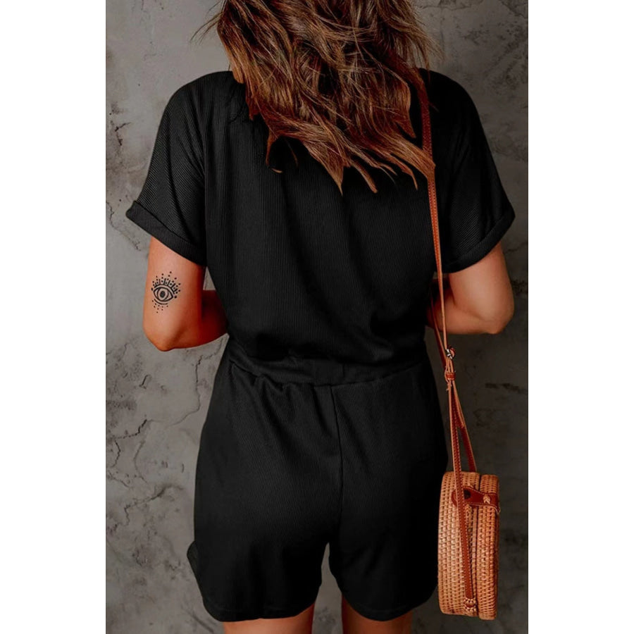 Full Size Drawstring V-Neck Short Sleeve Romper Apparel and Accessories