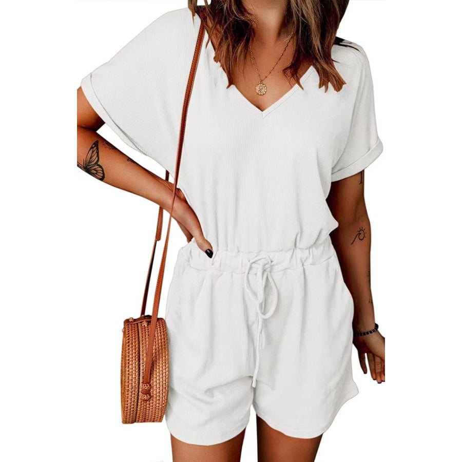 Full Size Drawstring V-Neck Short Sleeve Romper Apparel and Accessories