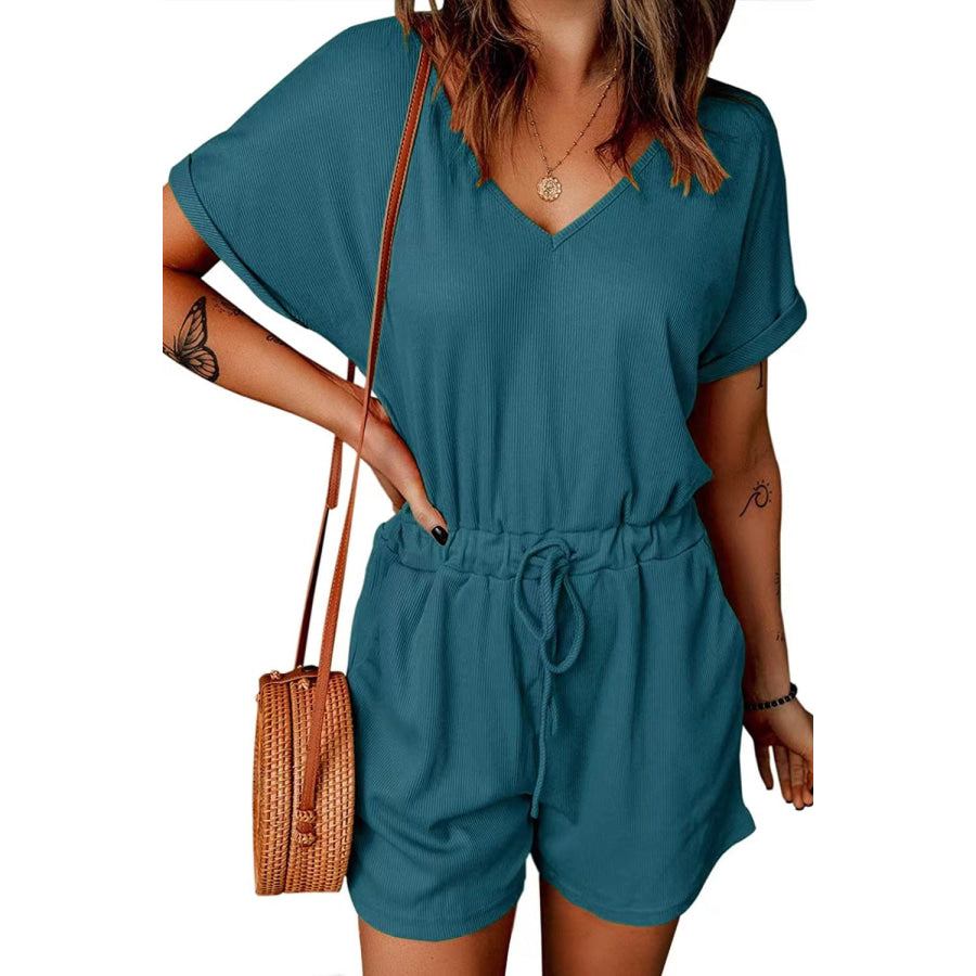 Full Size Drawstring V-Neck Short Sleeve Romper Apparel and Accessories