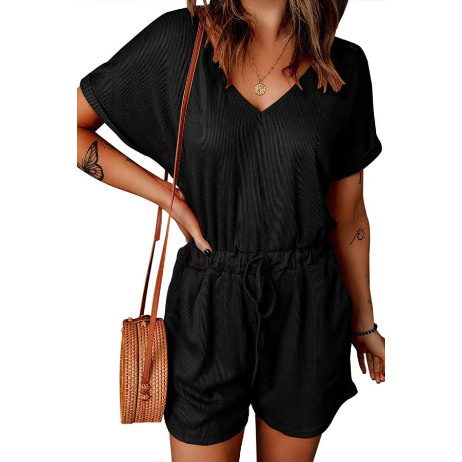 Full Size Drawstring V-Neck Short Sleeve Romper Apparel and Accessories