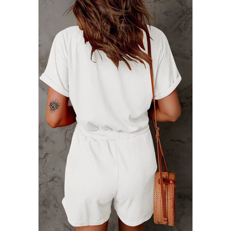 Full Size Drawstring V-Neck Short Sleeve Romper Apparel and Accessories