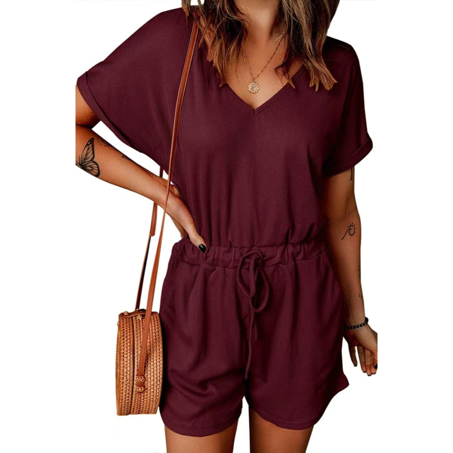 Full Size Drawstring V-Neck Short Sleeve Romper Apparel and Accessories