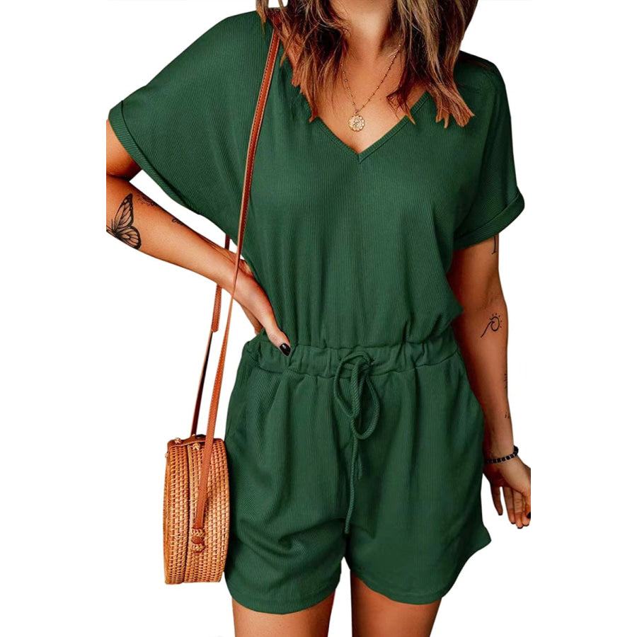 Full Size Drawstring V-Neck Short Sleeve Romper Green / S Apparel and Accessories