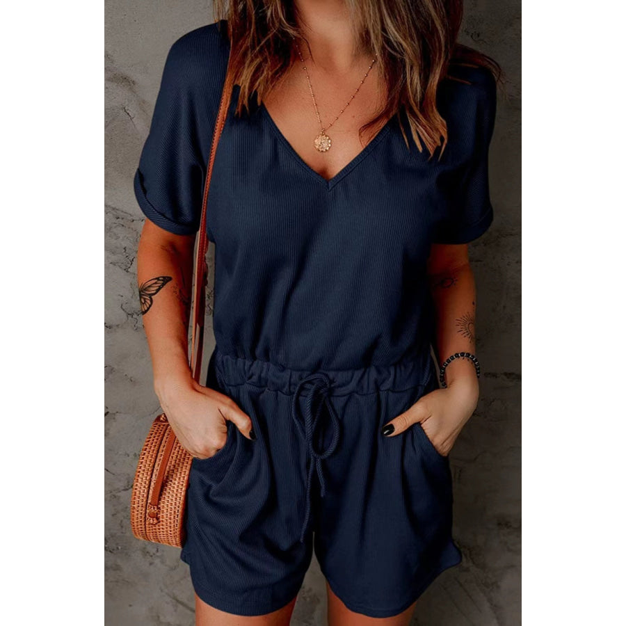 Full Size Drawstring V-Neck Short Sleeve Romper Dark Navy / S Apparel and Accessories