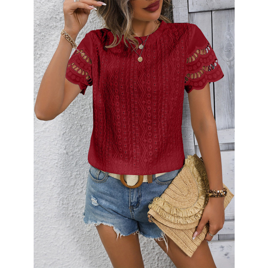 Full Size Eyelet Round Neck Short Sleeve Top Apparel and Accessories