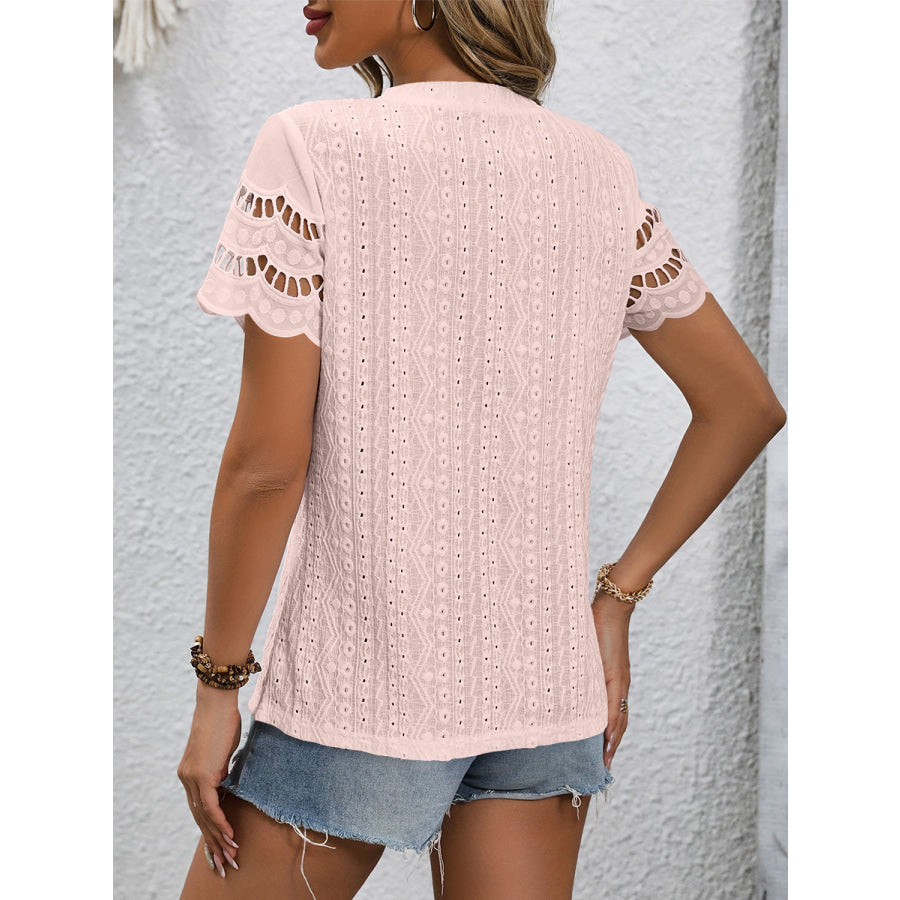 Full Size Eyelet Round Neck Short Sleeve Top Apparel and Accessories