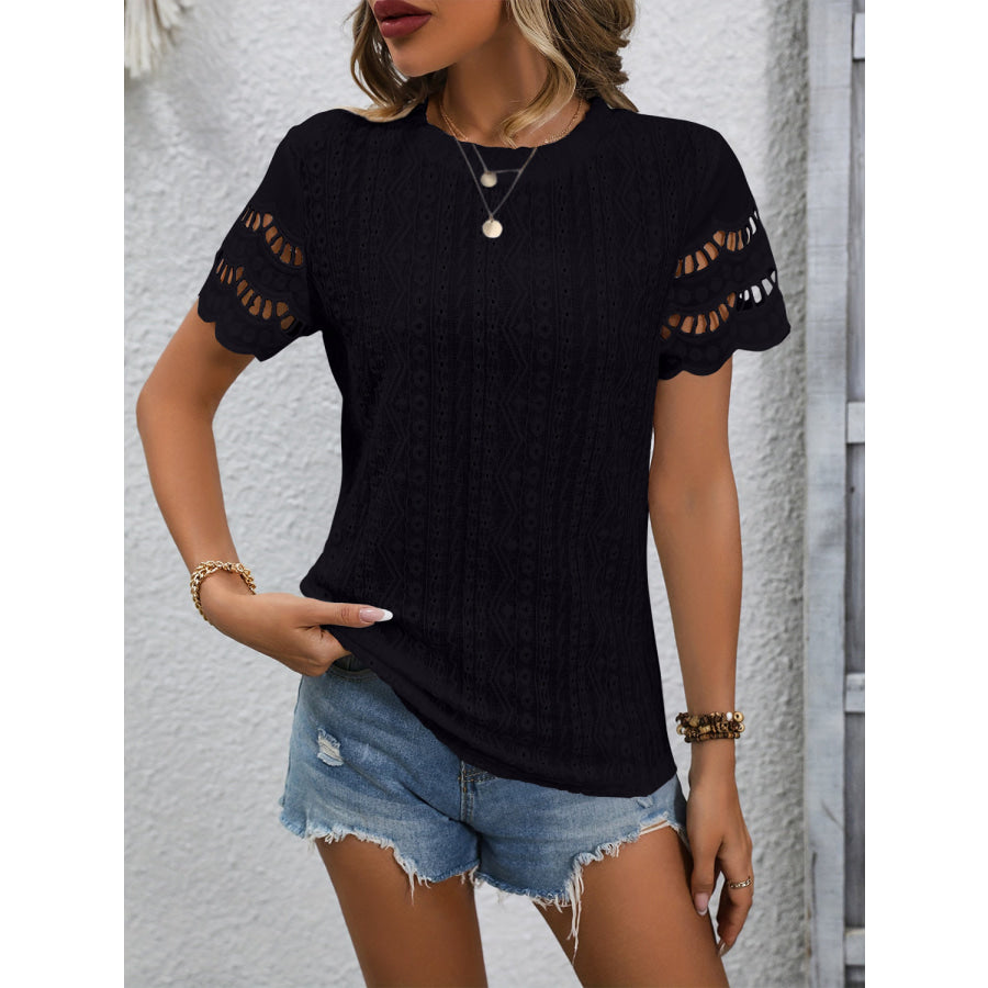 Full Size Eyelet Round Neck Short Sleeve Top Apparel and Accessories