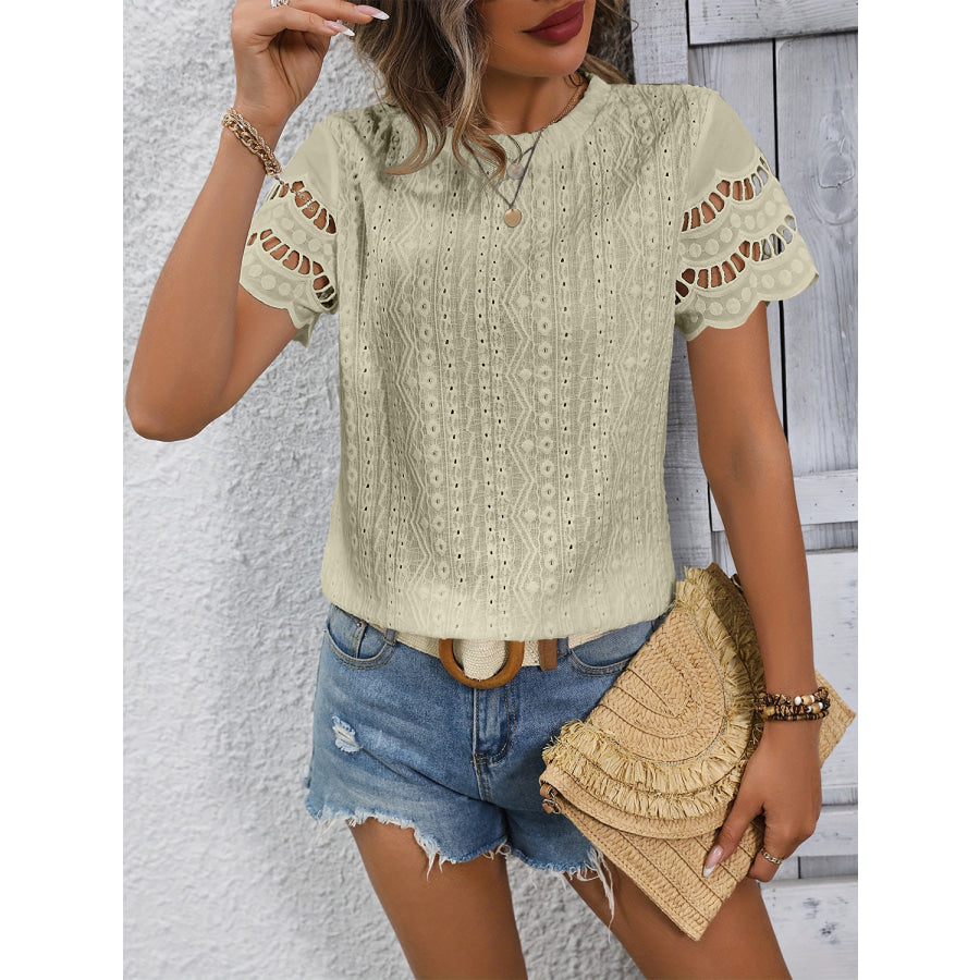 Full Size Eyelet Round Neck Short Sleeve Top Apparel and Accessories