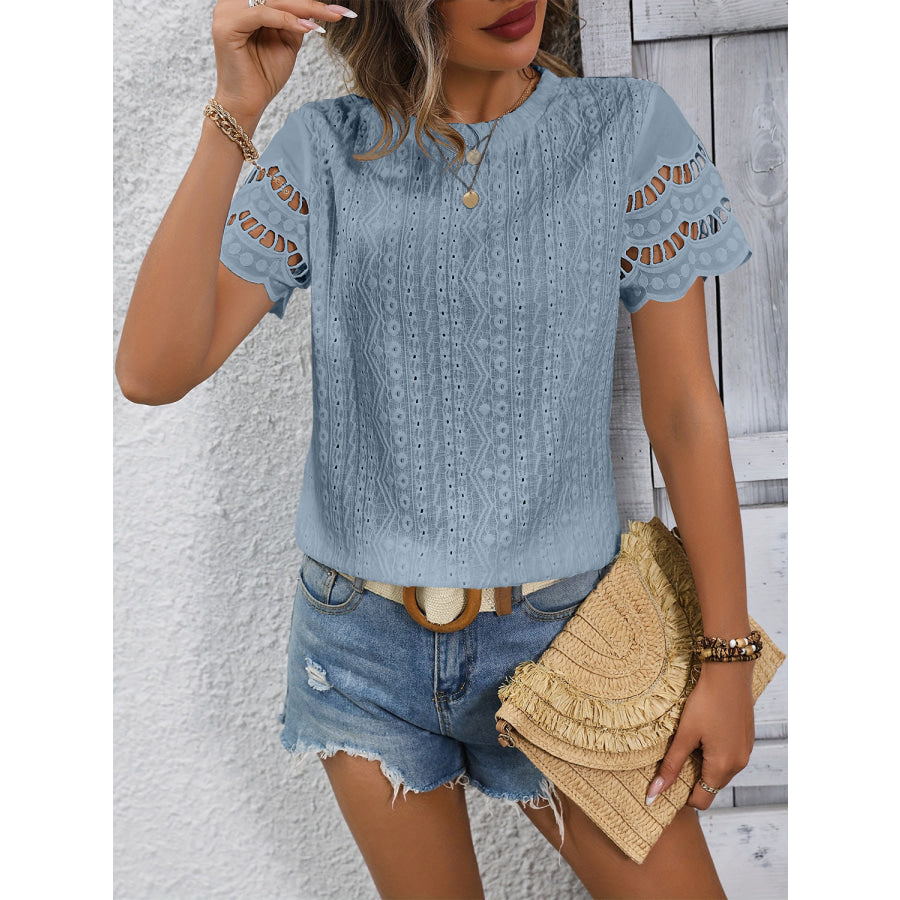 Full Size Eyelet Round Neck Short Sleeve Top Apparel and Accessories