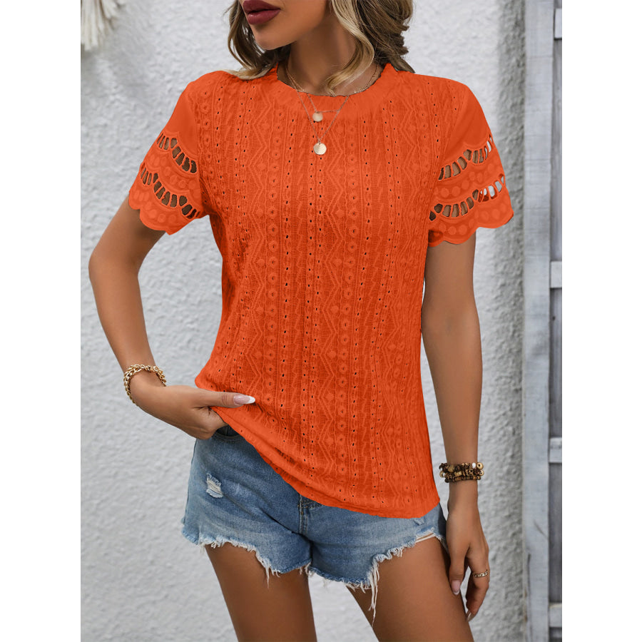 Full Size Eyelet Round Neck Short Sleeve Top Apparel and Accessories
