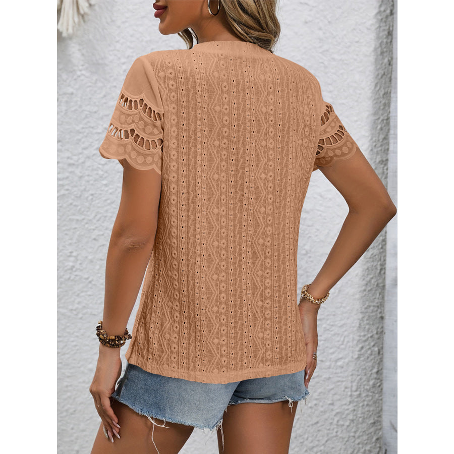 Full Size Eyelet Round Neck Short Sleeve Top Apparel and Accessories