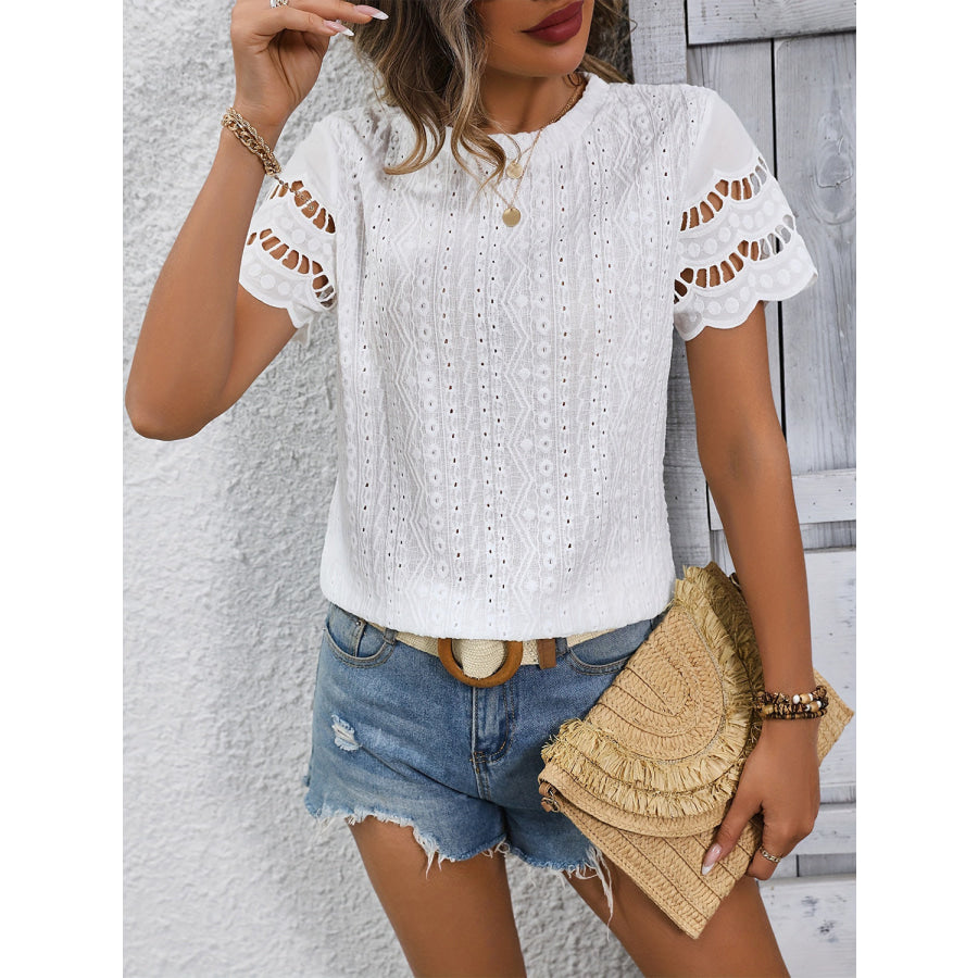 Full Size Eyelet Round Neck Short Sleeve Top Apparel and Accessories