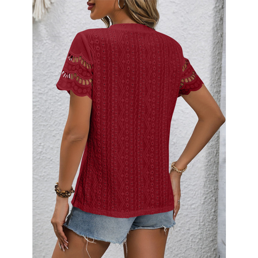 Full Size Eyelet Round Neck Short Sleeve Top Apparel and Accessories