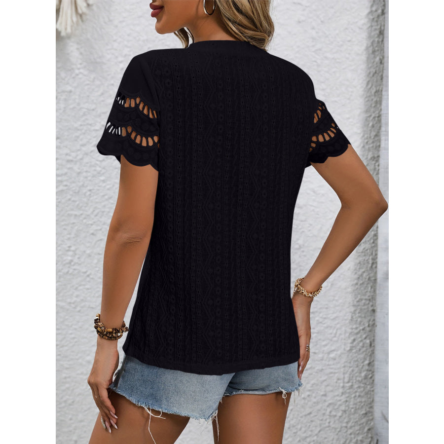 Full Size Eyelet Round Neck Short Sleeve Top Apparel and Accessories