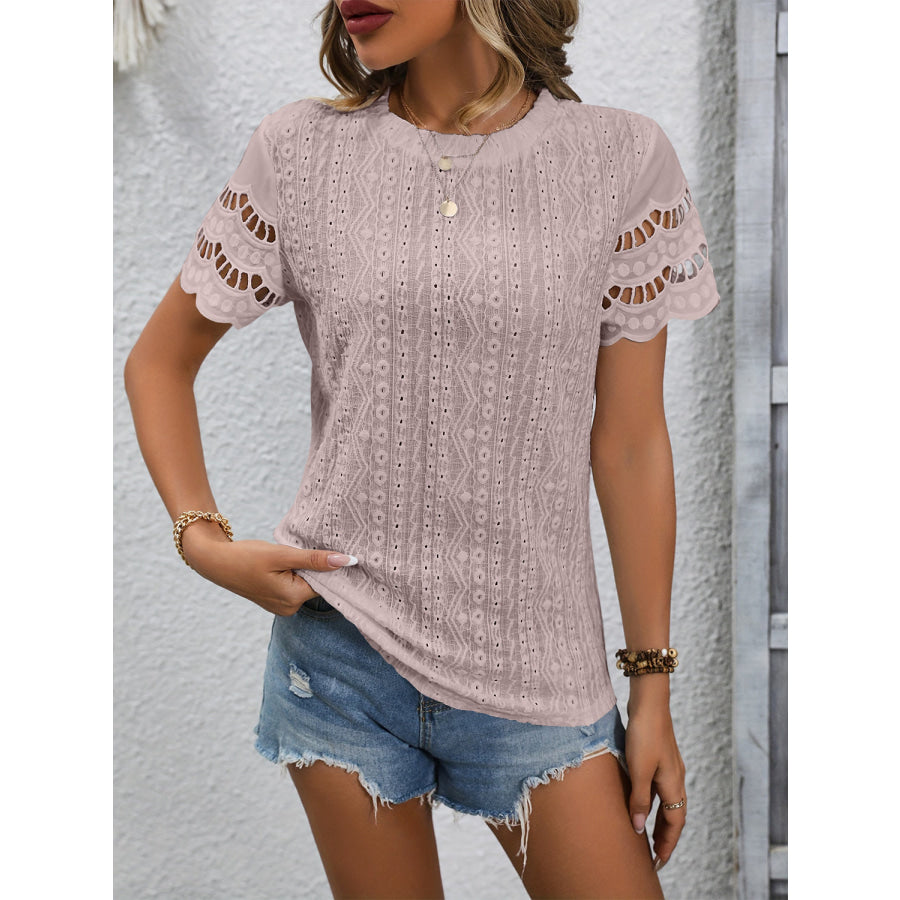 Full Size Eyelet Round Neck Short Sleeve Top Apparel and Accessories