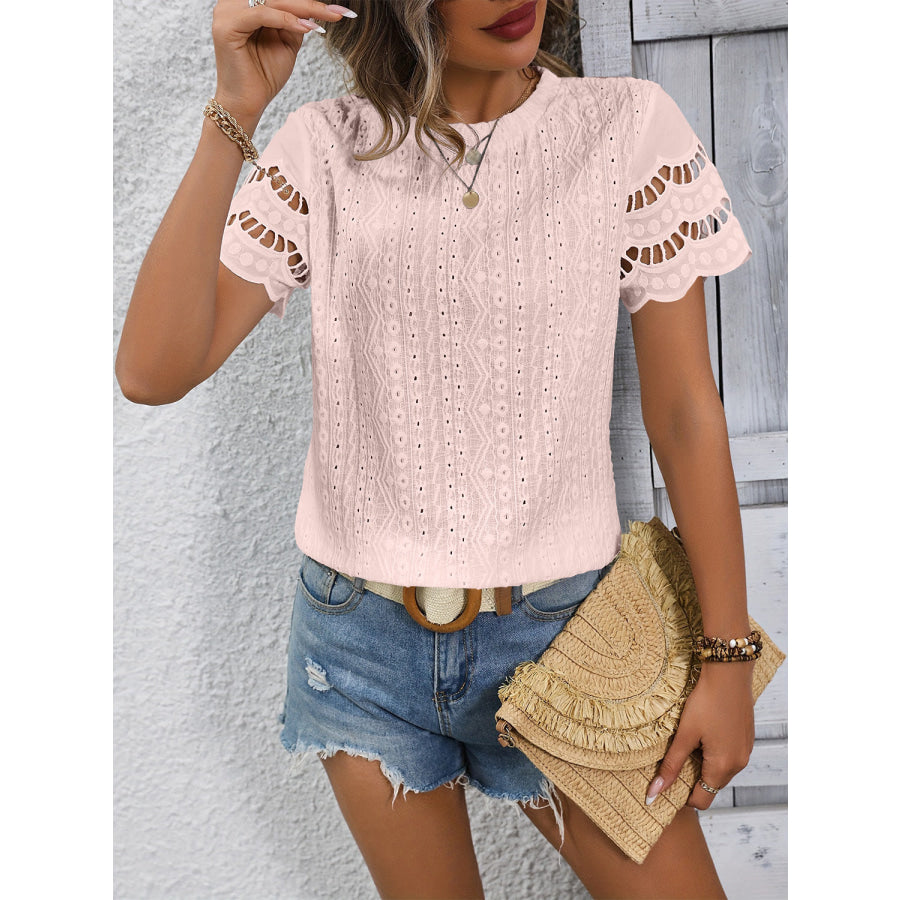 Full Size Eyelet Round Neck Short Sleeve Top Apparel and Accessories