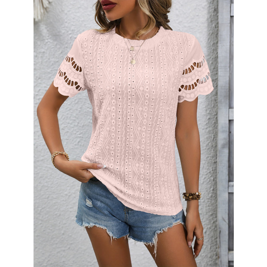 Full Size Eyelet Round Neck Short Sleeve Top Eggshell / S Apparel and Accessories