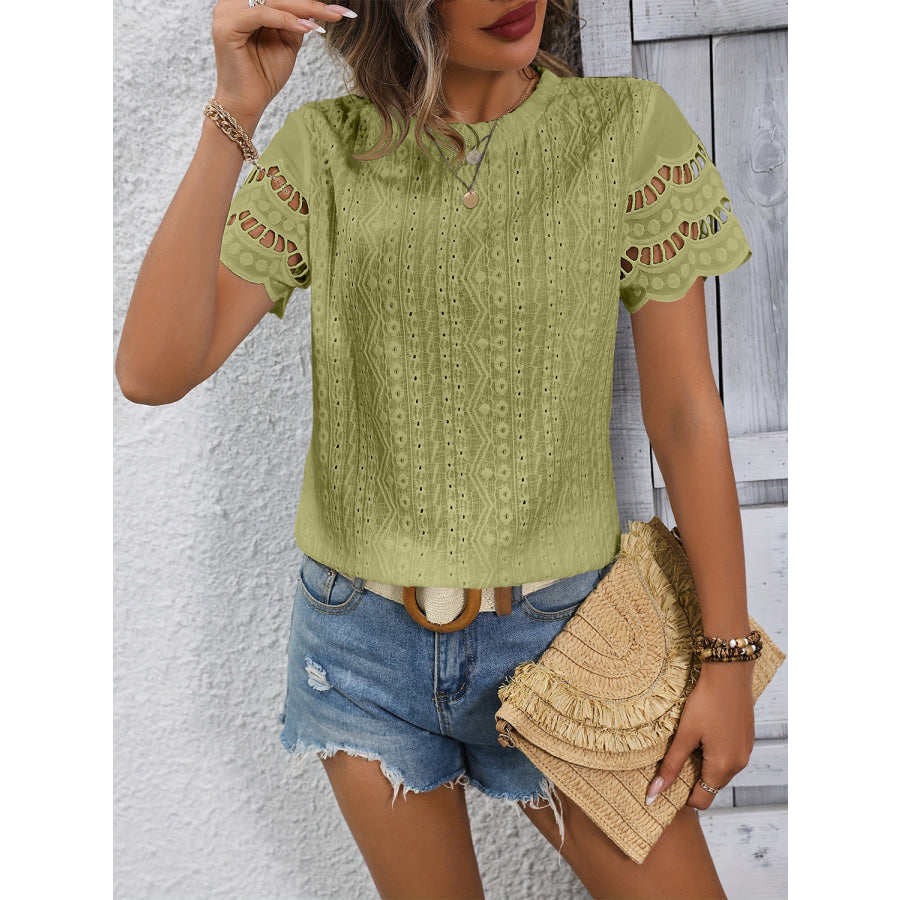 Full Size Eyelet Round Neck Short Sleeve Top Lime / S Apparel and Accessories