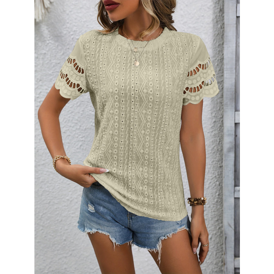 Full Size Eyelet Round Neck Short Sleeve Top Mist Green / S Apparel and Accessories