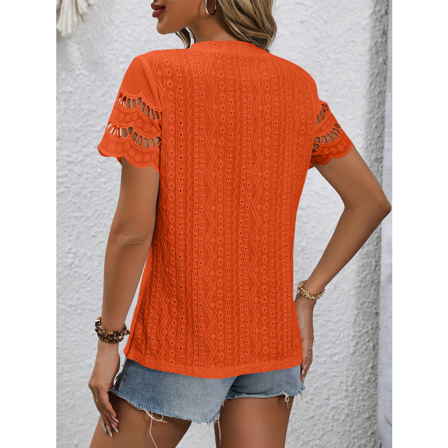 Full Size Eyelet Round Neck Short Sleeve Top Red Orange / S Apparel and Accessories