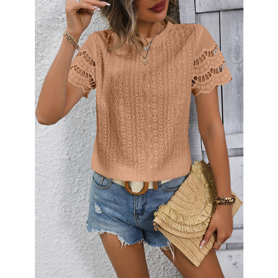 Full Size Eyelet Round Neck Short Sleeve Top Tan / S Apparel and Accessories