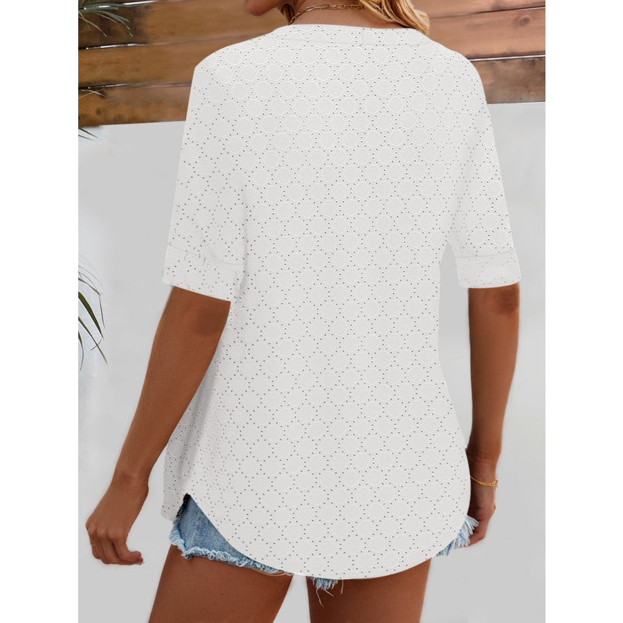 Full Size Faux Layered Decorative Button Half Sleeve Blouse Apparel and Accessories