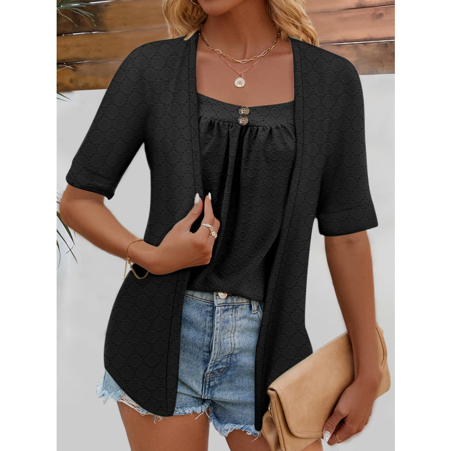 Full Size Faux Layered Decorative Button Half Sleeve Blouse Apparel and Accessories