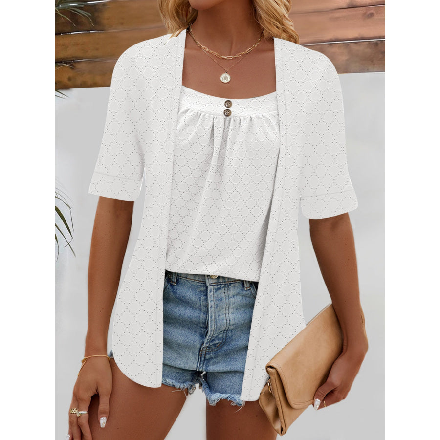 Full Size Faux Layered Decorative Button Half Sleeve Blouse White / S Apparel and Accessories