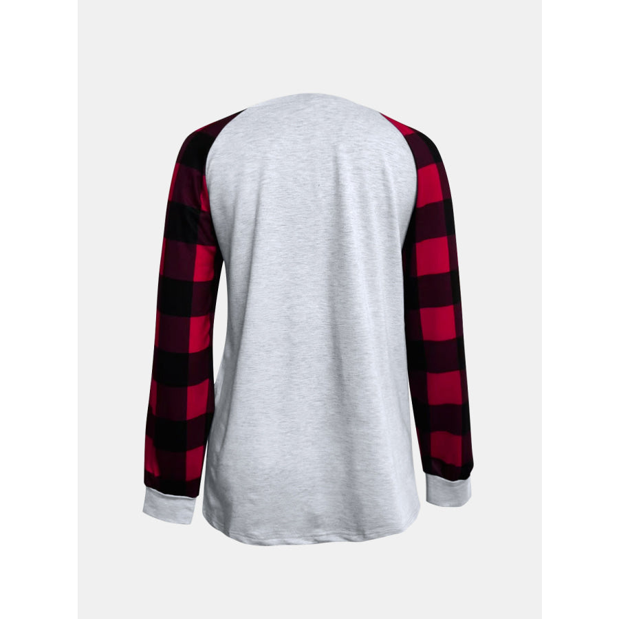 Full Size Graphic Plaid Round Neck Long Sleeve T-Shirt Apparel and Accessories