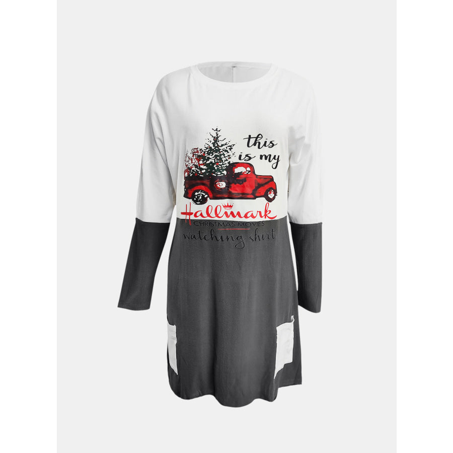 Full Size Graphic Two-Tone Round Neck Long Sleeve T-Shirt Gray / S Apparel and Accessories