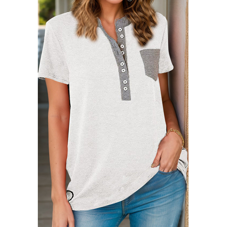 Full Size Half Button Short Sleeve T-Shirt Apparel and Accessories