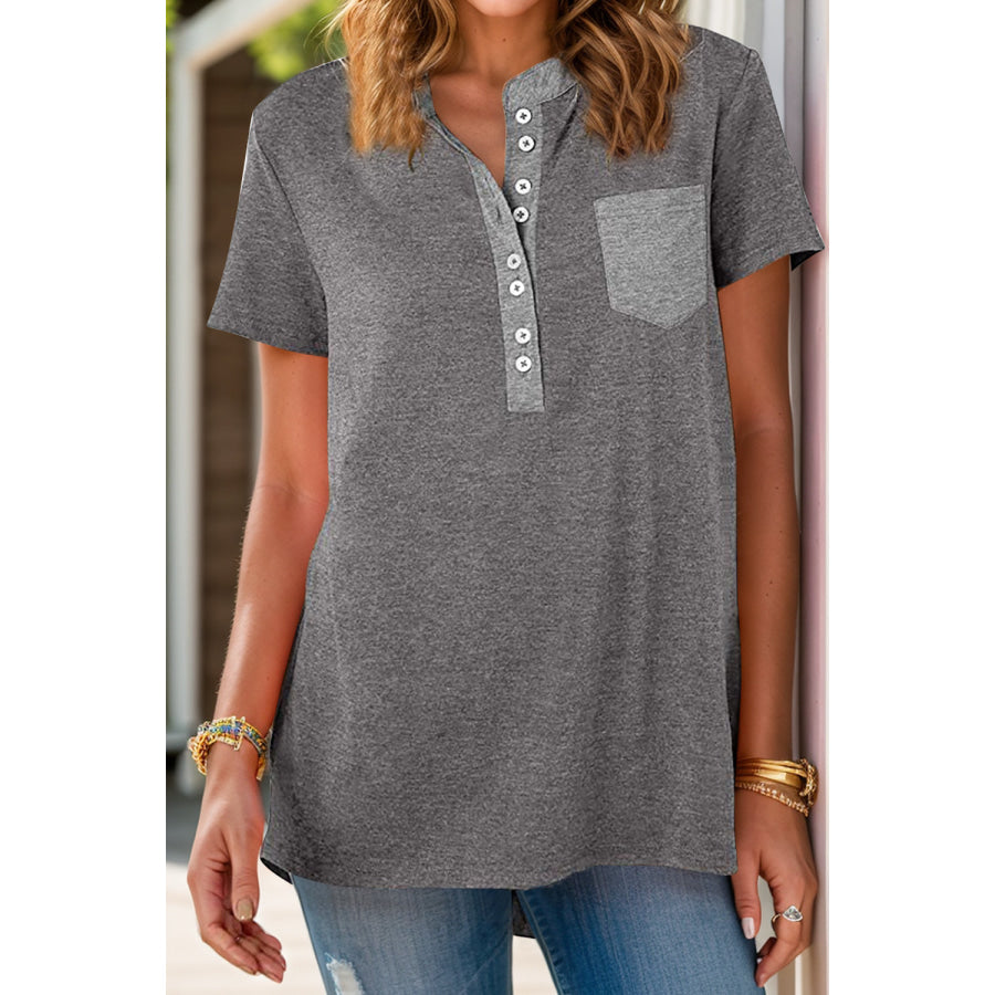 Full Size Half Button Short Sleeve T-Shirt Apparel and Accessories