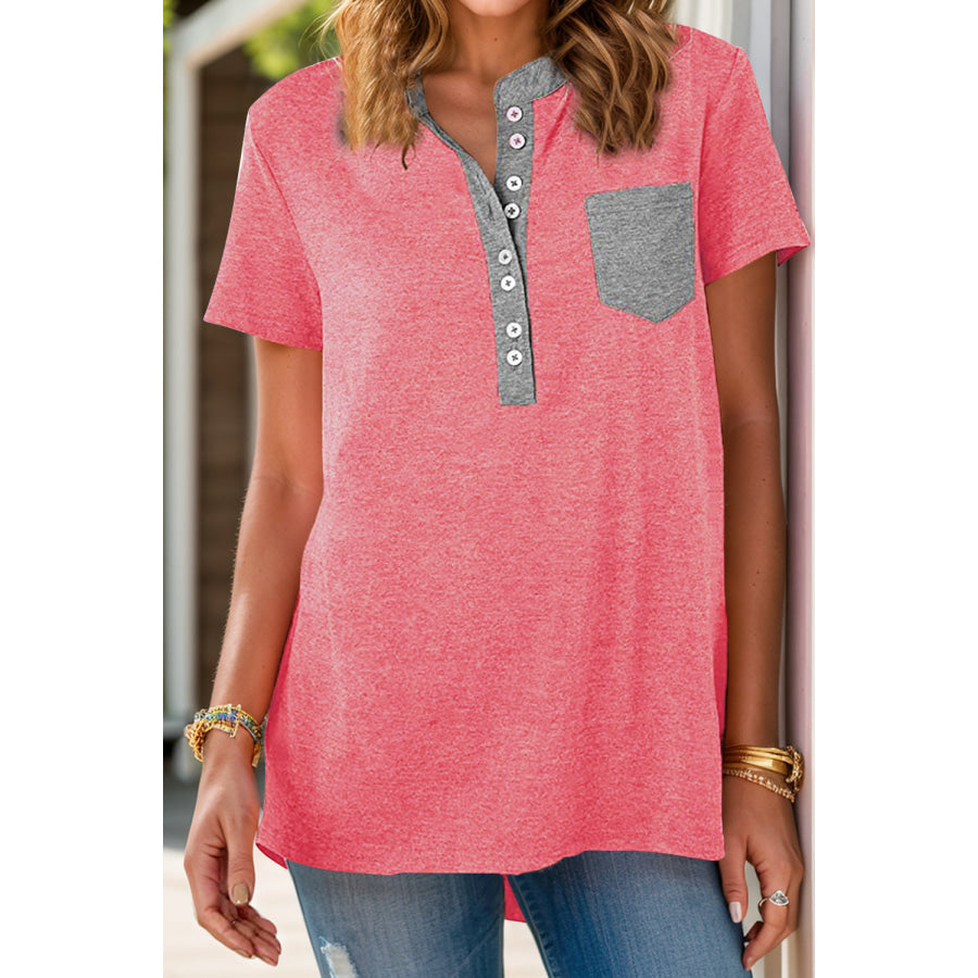 Full Size Half Button Short Sleeve T-Shirt Apparel and Accessories