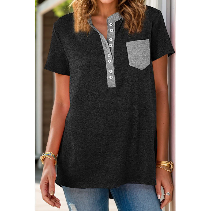 Full Size Half Button Short Sleeve T-Shirt Black / S Apparel and Accessories