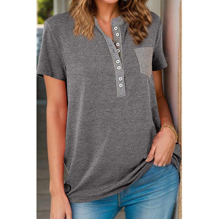 Full Size Half Button Short Sleeve T-Shirt Dark Gray / S Apparel and Accessories