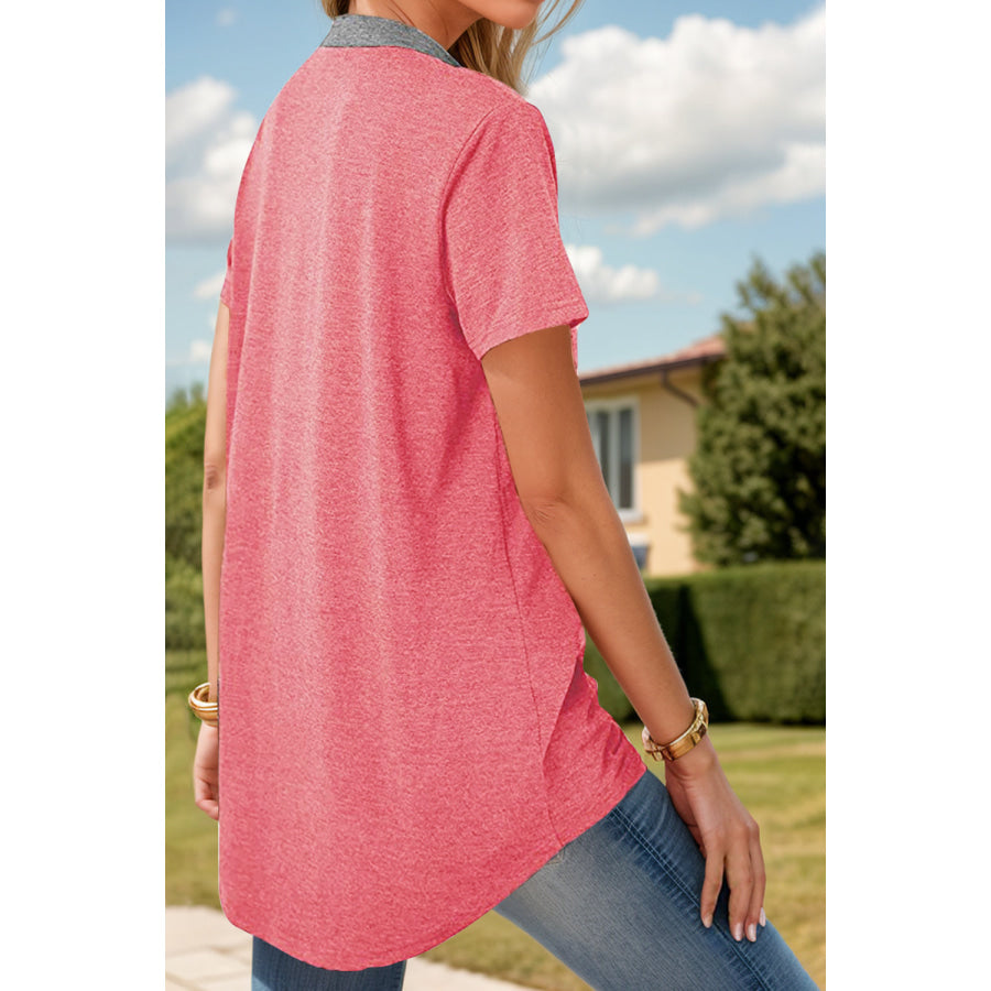 Full Size Half Button Short Sleeve T-Shirt Strawberry / S Apparel and Accessories