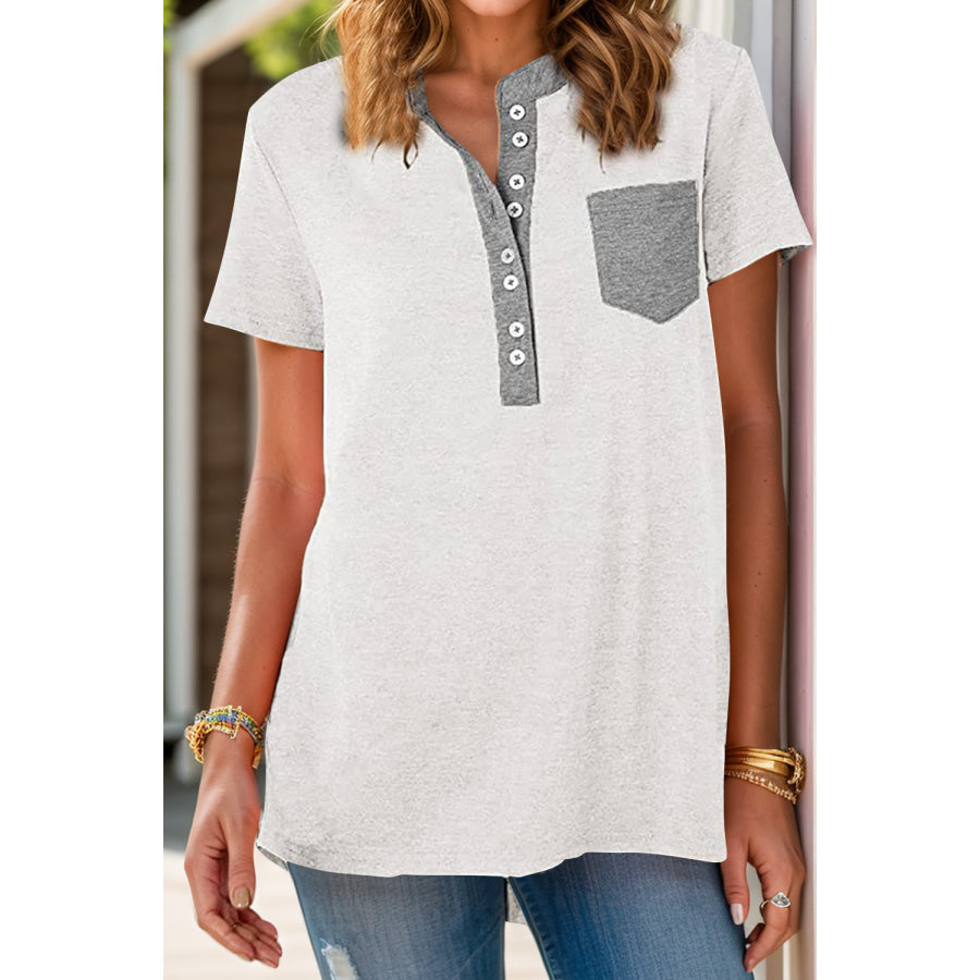 Full Size Half Button Short Sleeve T-Shirt White / S Apparel and Accessories