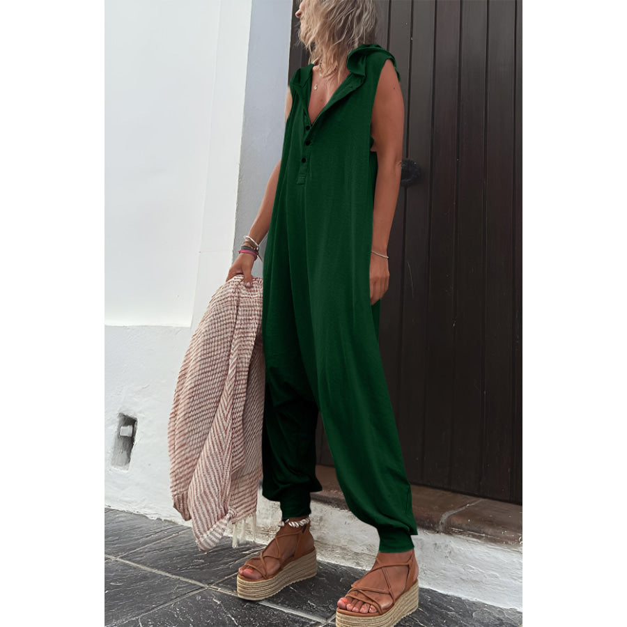 Full Size Half Button Sleeveless Jumpsuit Black Forest / S Apparel and Accessories