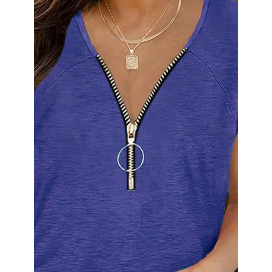 Full Size Half Zip Cap Sleeve T-Shirt Apparel and Accessories