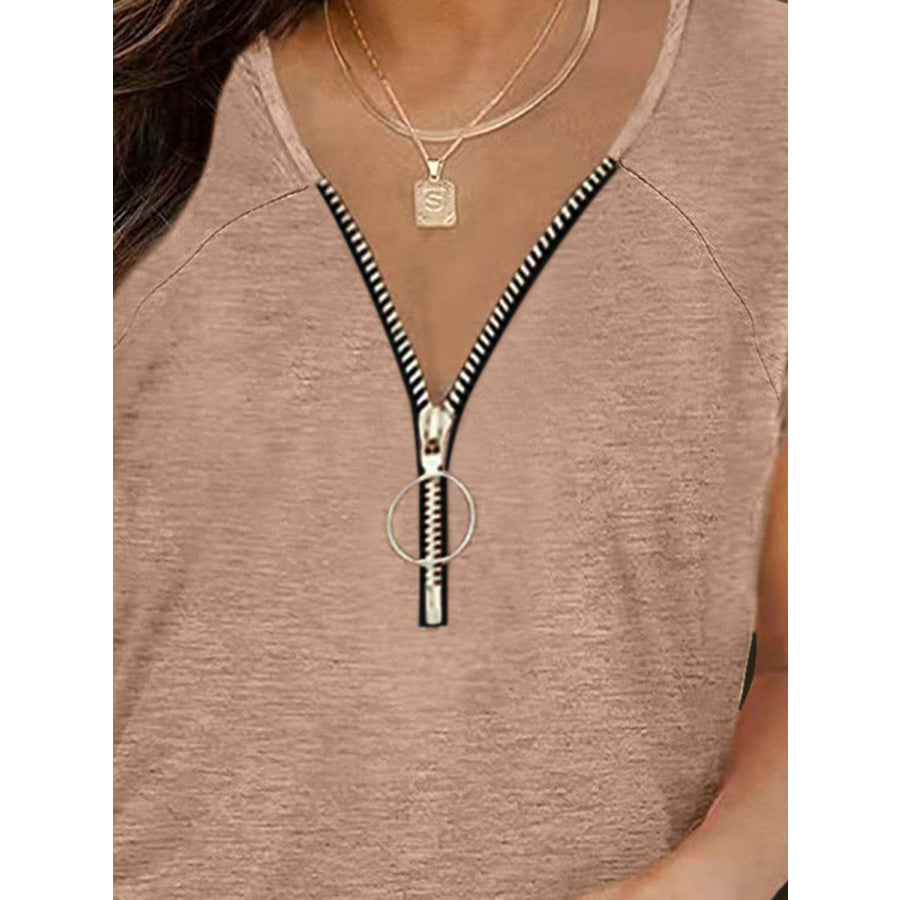 Full Size Half Zip Cap Sleeve T-Shirt Apparel and Accessories