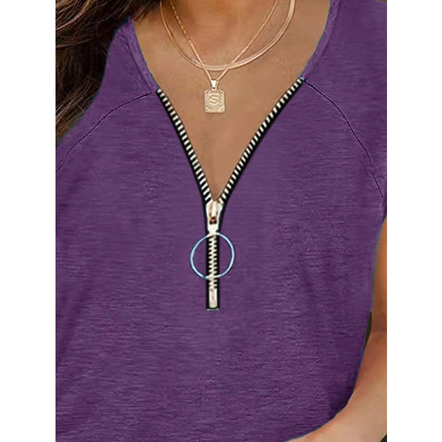 Full Size Half Zip Cap Sleeve T-Shirt Apparel and Accessories