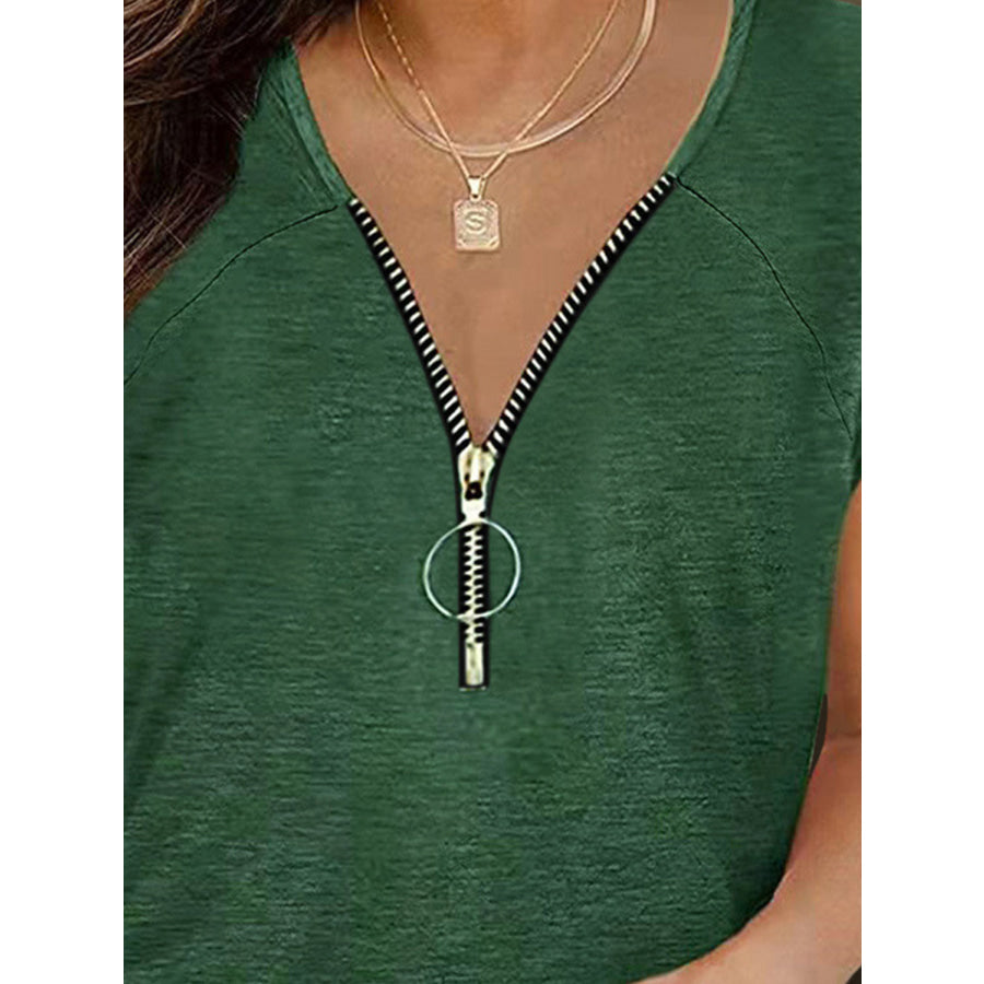 Full Size Half Zip Cap Sleeve T-Shirt Apparel and Accessories